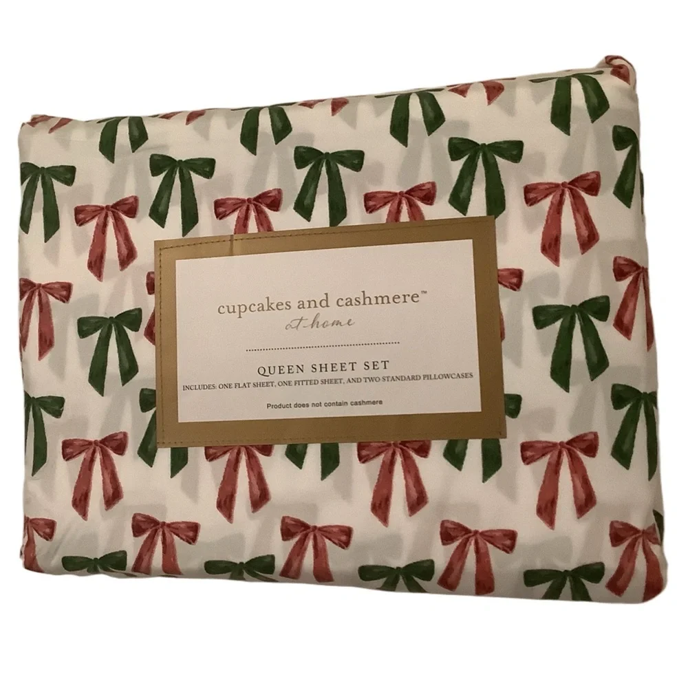 Cupcakes And Cashmere Holiday Bows Queen Sheet Set New